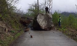Yamaçtan kopan dev kaya köy yolunu ulaşıma kapattı