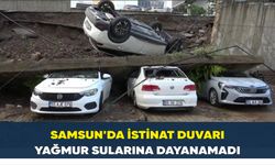 Samsun’da istinat duvarı araçların üzerine devrildi