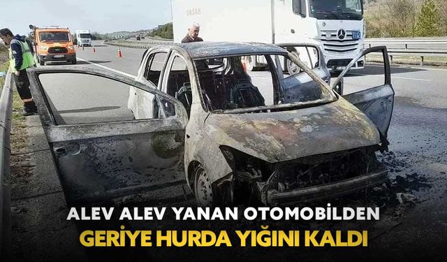 Alev alev yanan otomobilden geriye hurda yığını kaldı