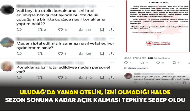 Uludağ’da yanan otelin, izni olmadığı halde açık kalmasına tepki