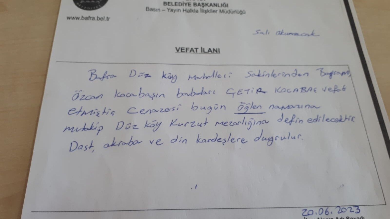 BAFRA'DA VEFAT EDENLER