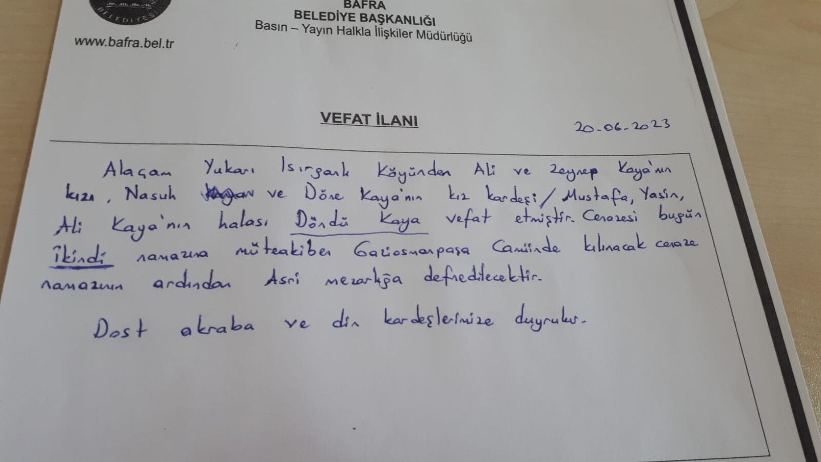 BAFRA'DA VEFAT EDENLER