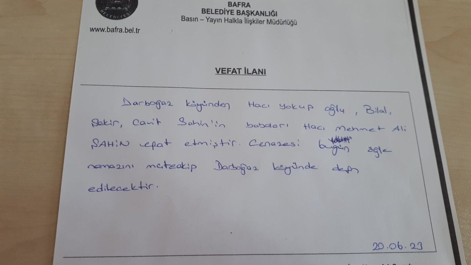 BAFRA'DA VEFAT EDENLER