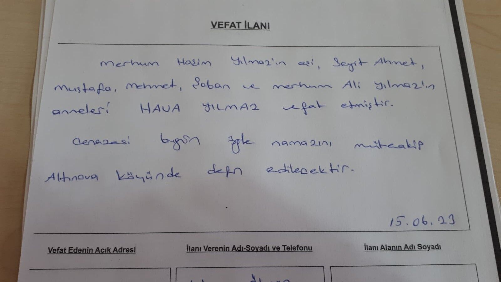 BAFRA'DA VEFAT EDENLER