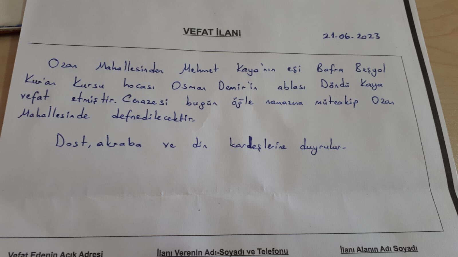 BAFRA'DA VEFAT EDENLER