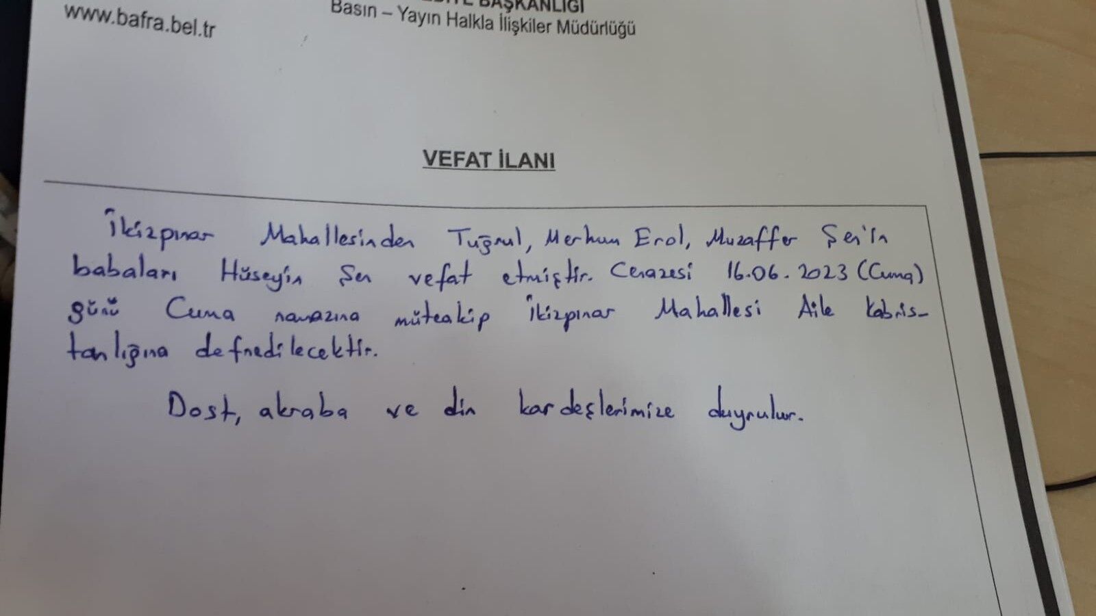 Bafra'da Vefat Edenler