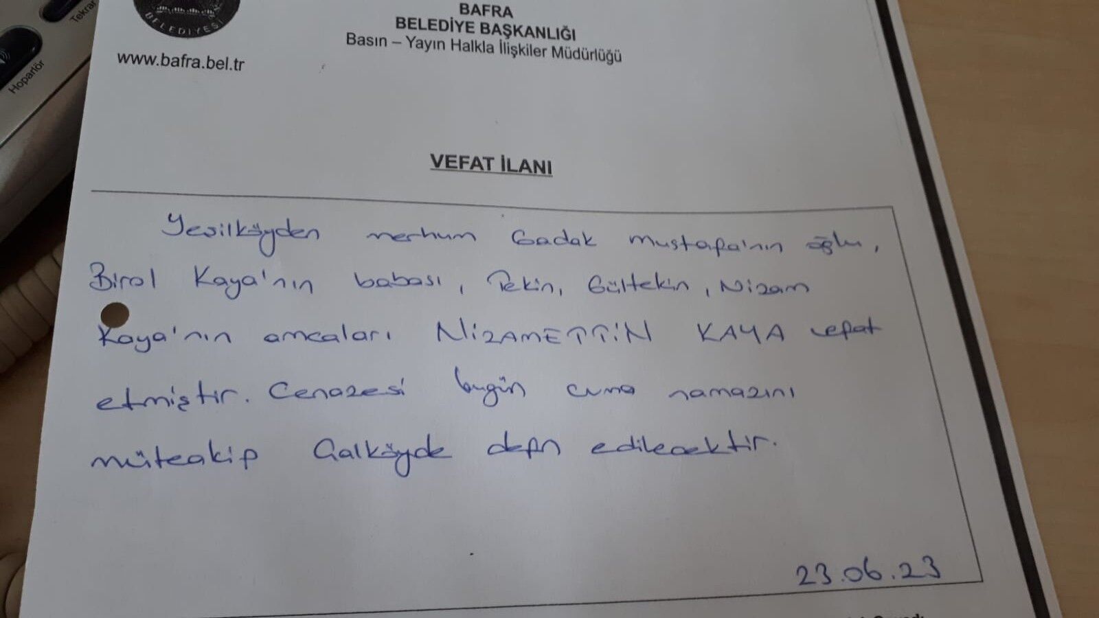 BAFRA'DA VEFAT EDENLER