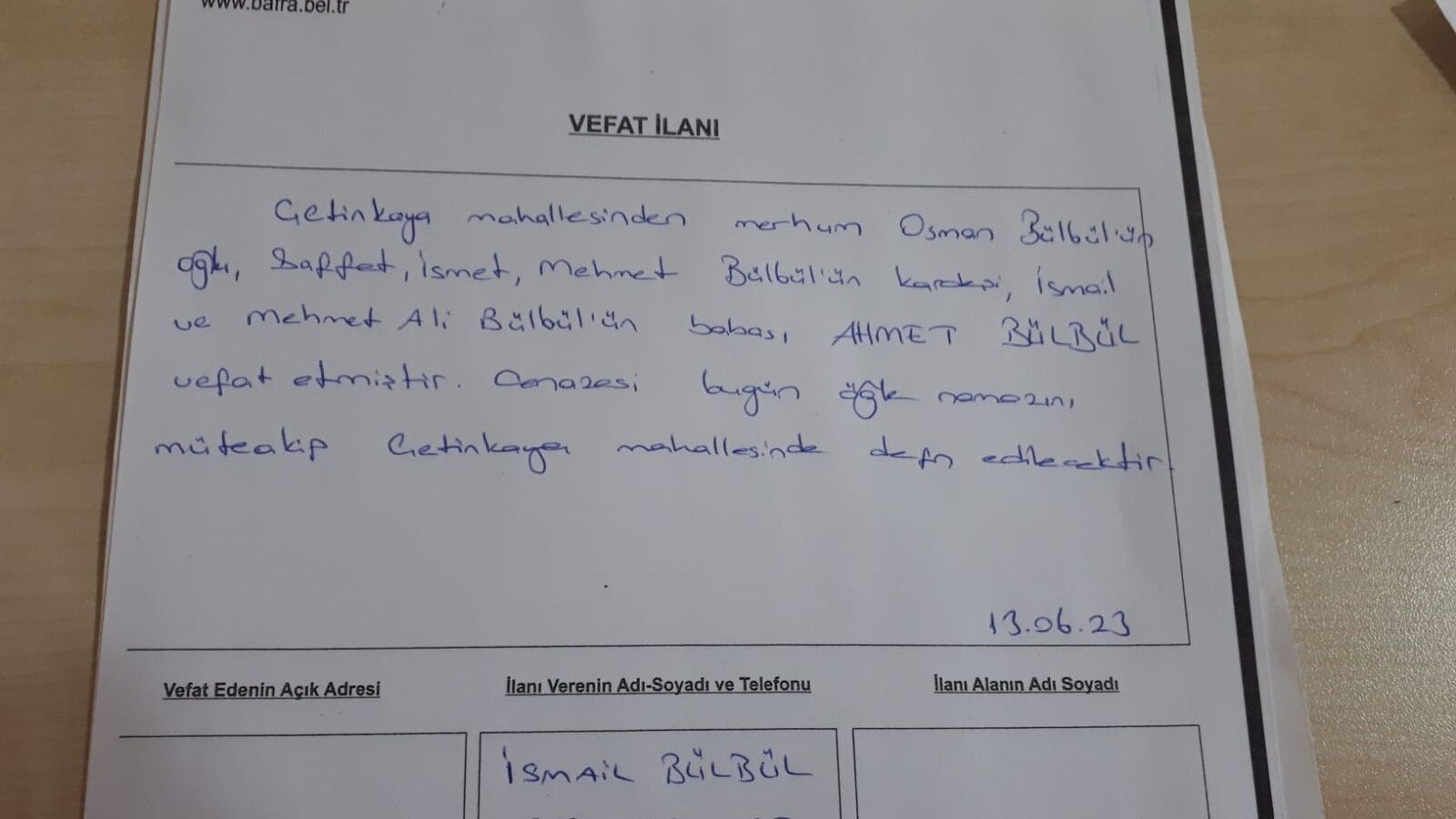 BAFRA'DA VEFAT EDENLER