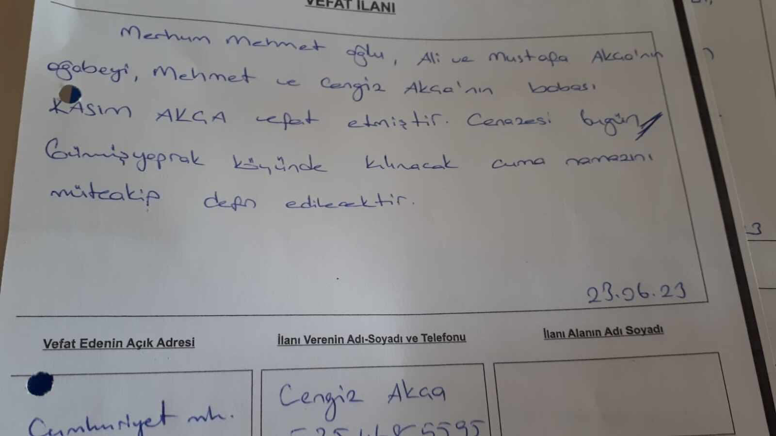BAFRA'DA VEFAT EDENLER