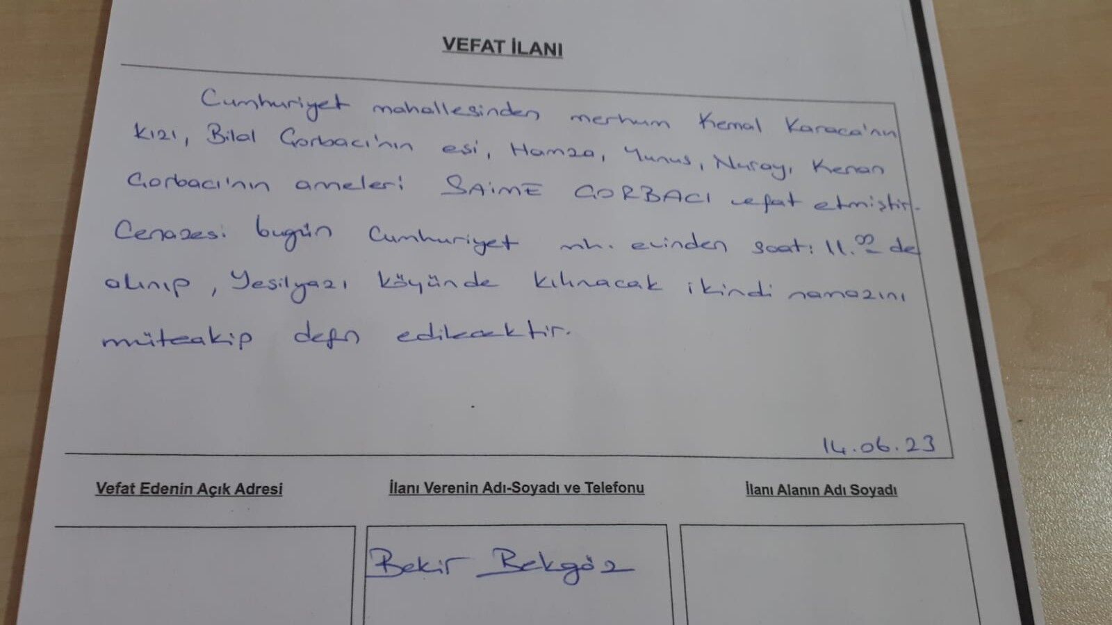 BAFRA'DA VEFAT EDENLER