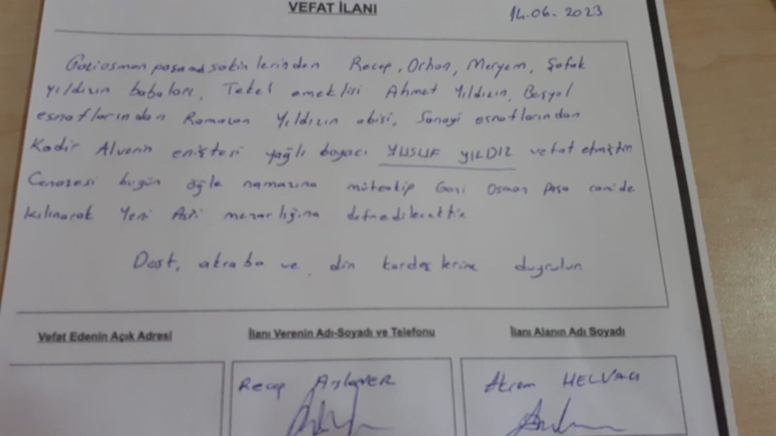 BAFRA'DA VEFAT EDENLER