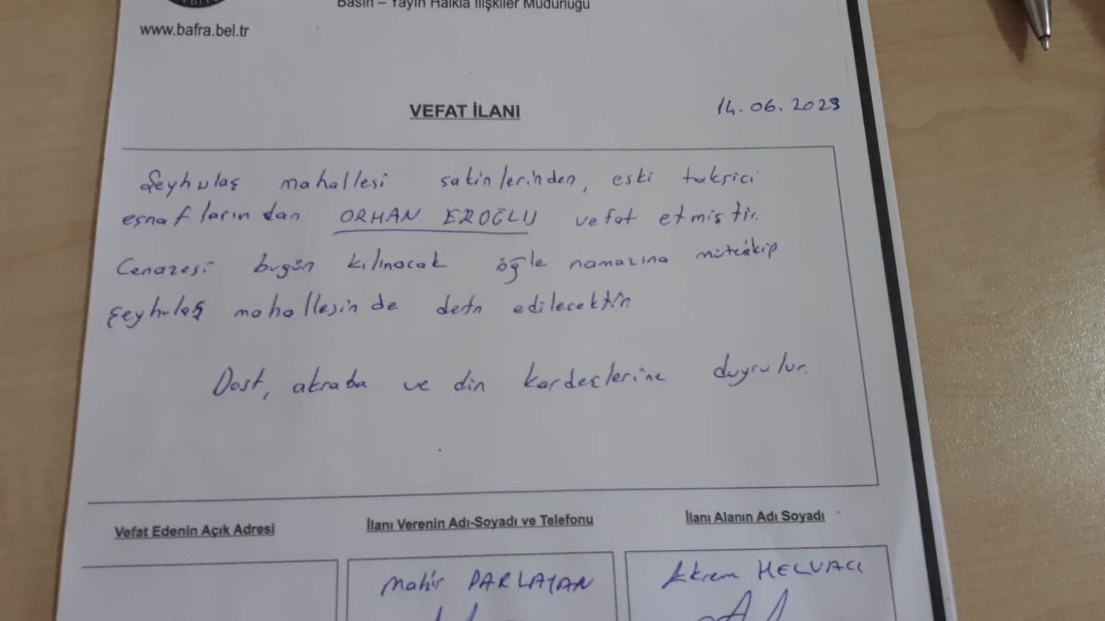 BAFRA'DA VEFAT EDENLER