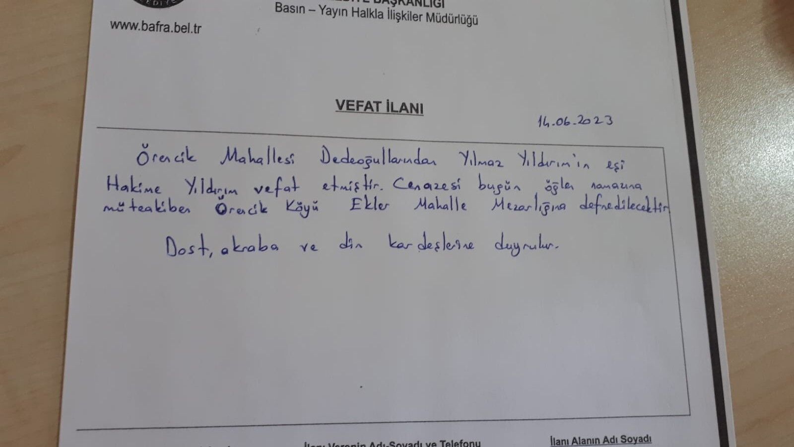 BAFRA'DA VEFAT EDENLER