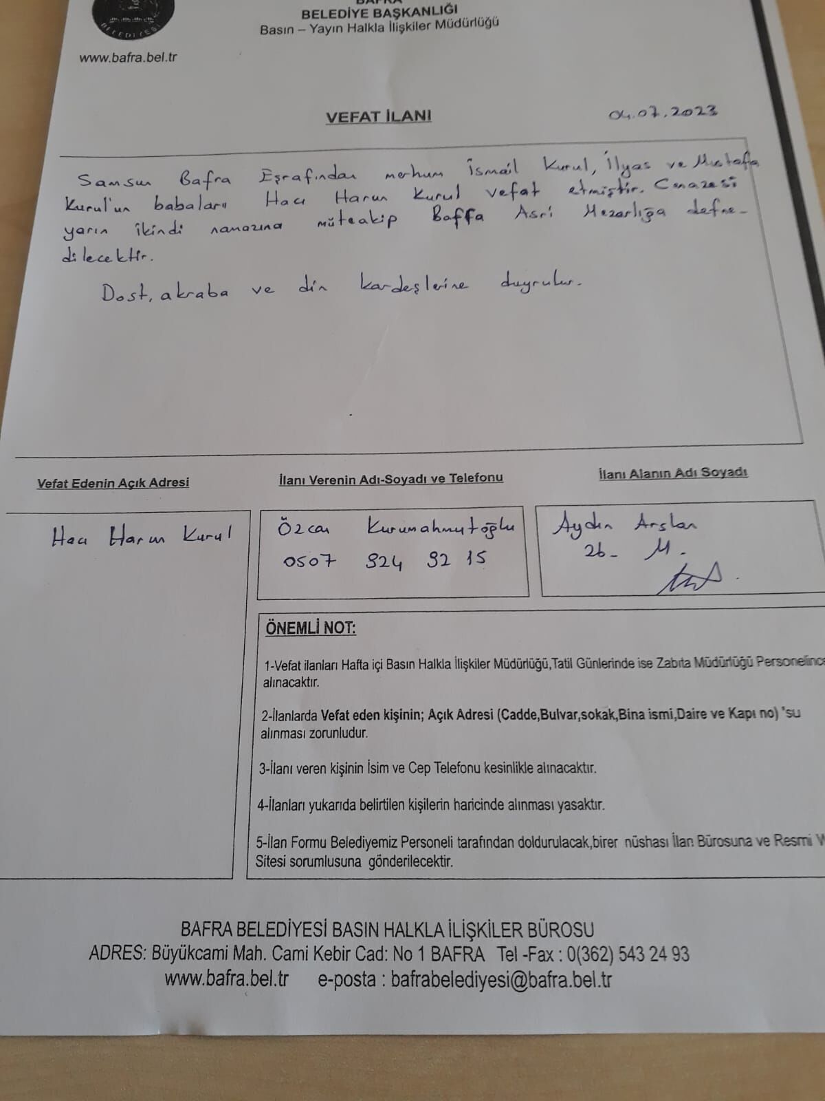 Bafra'da vefat edenler
