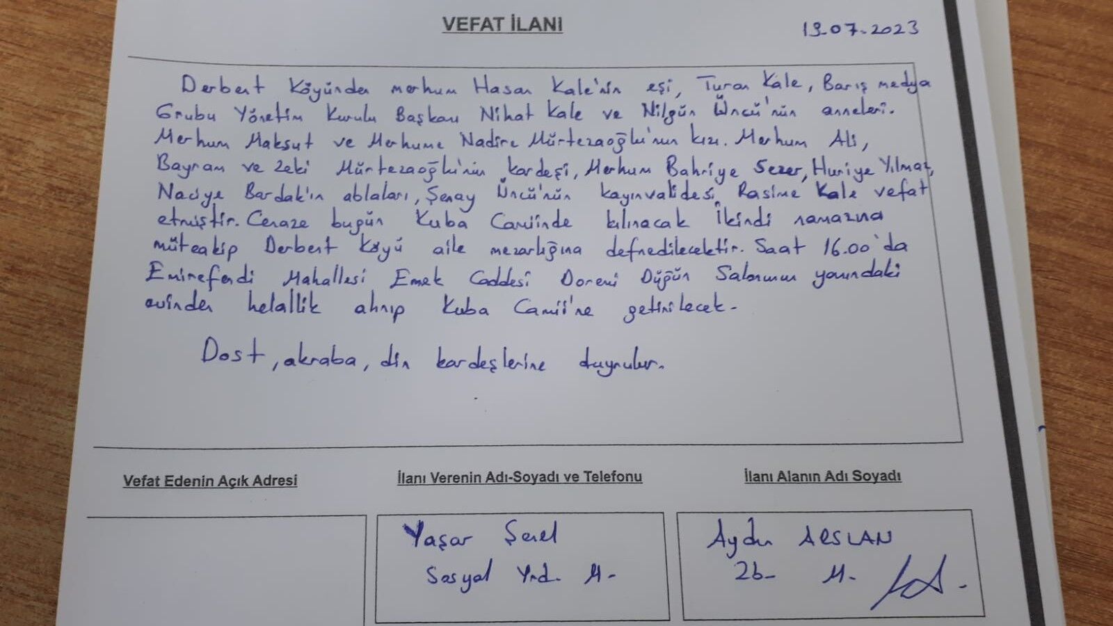 Bafra'da vefat edenler