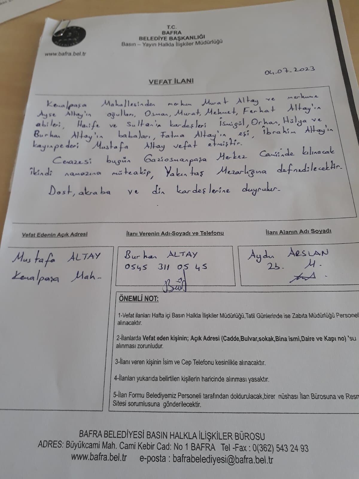 Bafra'da vefat edenler