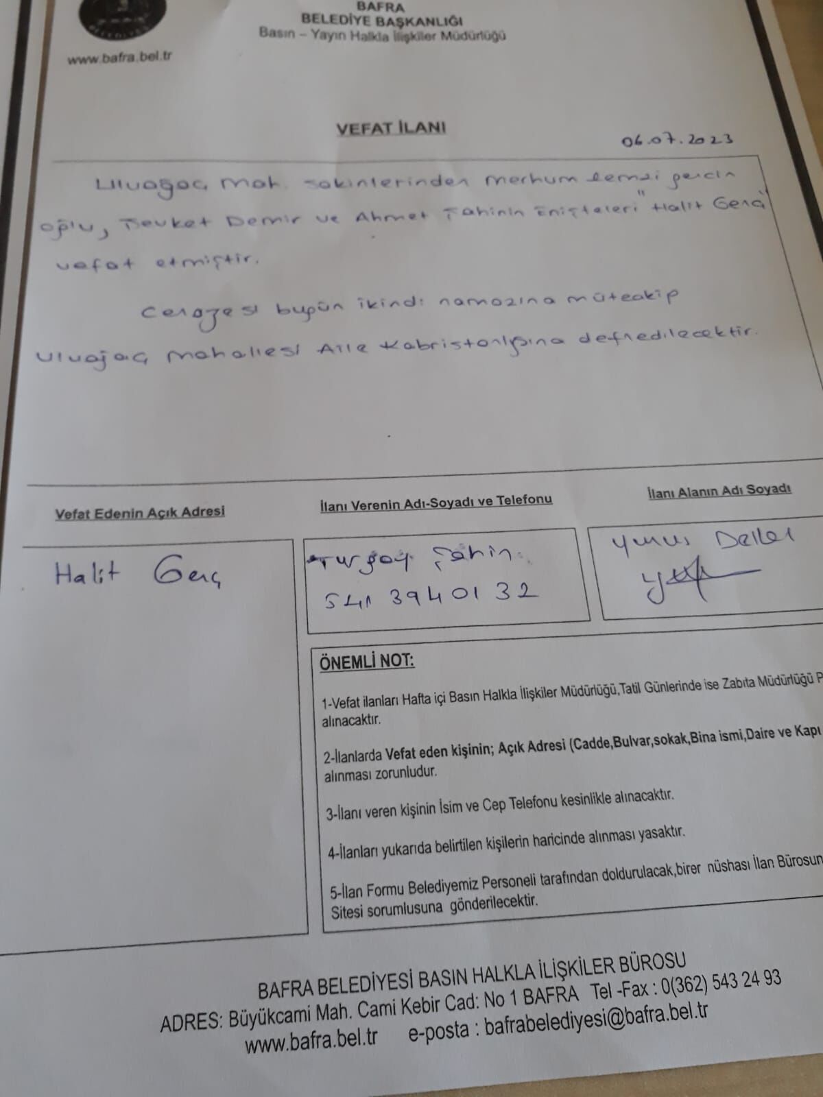 BAFRA'DA VEFAT EDENLER