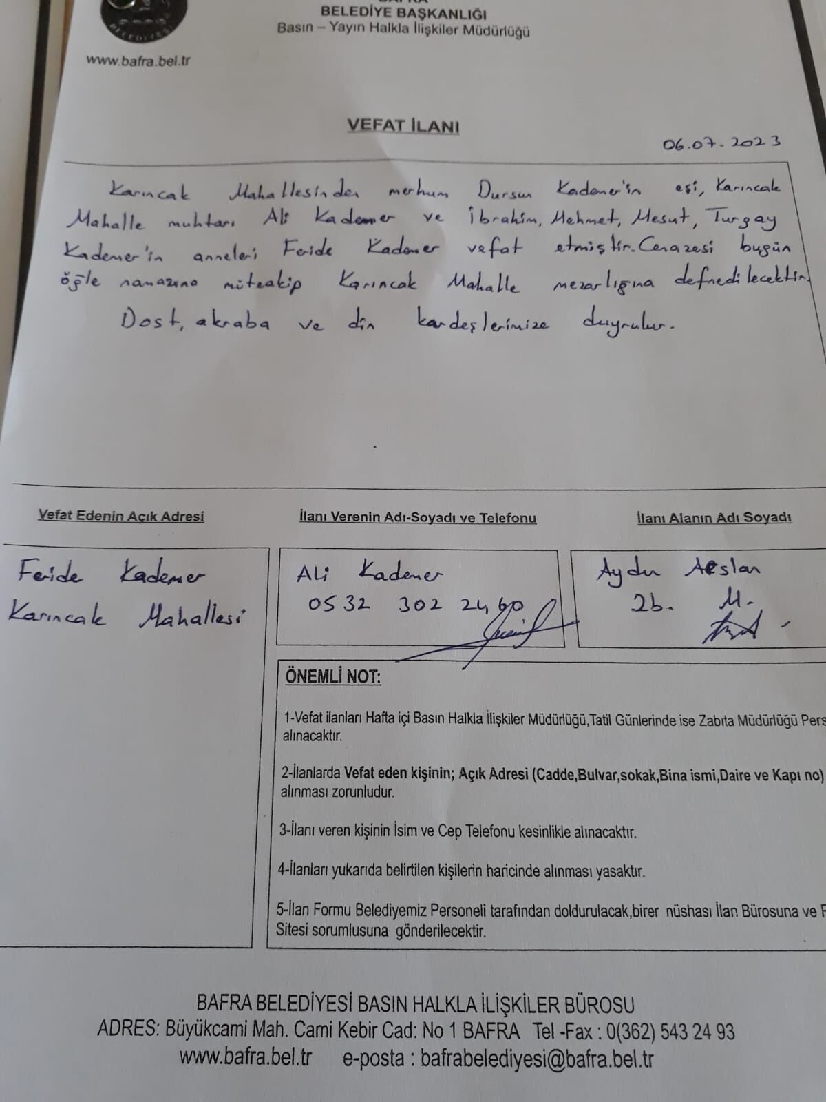 BAFRA'DA VEFAT EDENLER