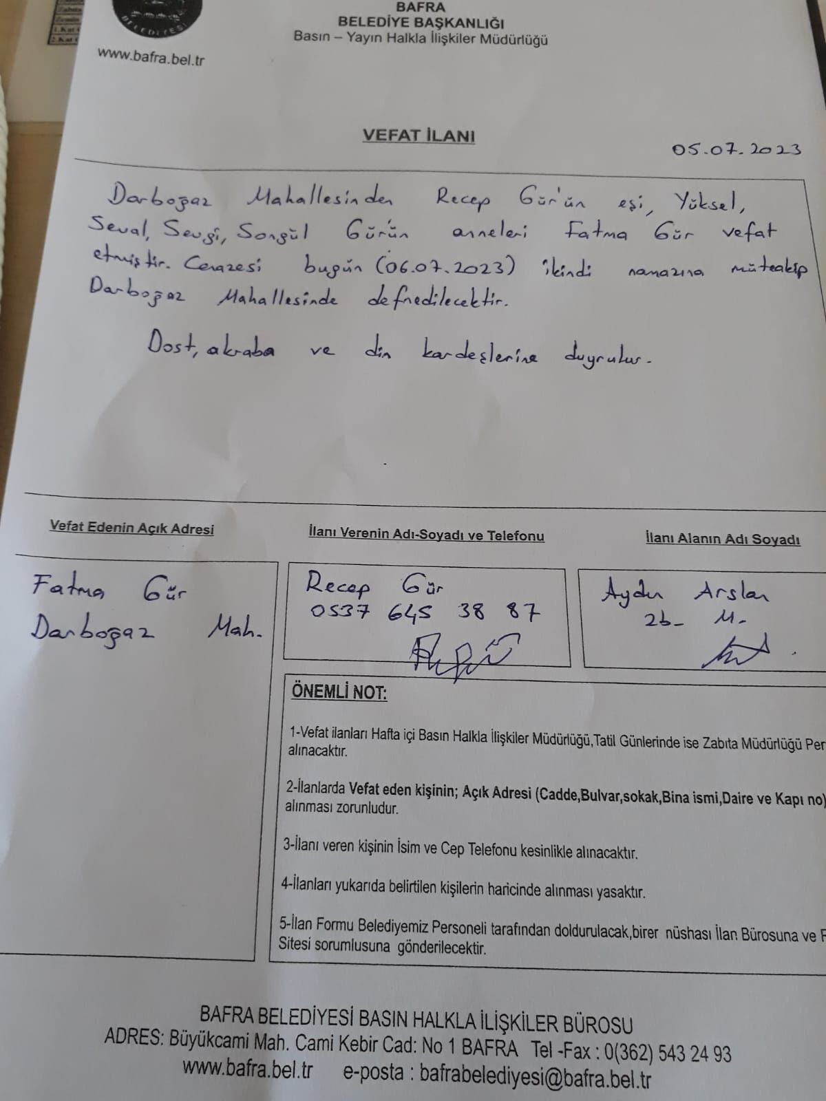 BAFRA'DA VEFAT EDENLER