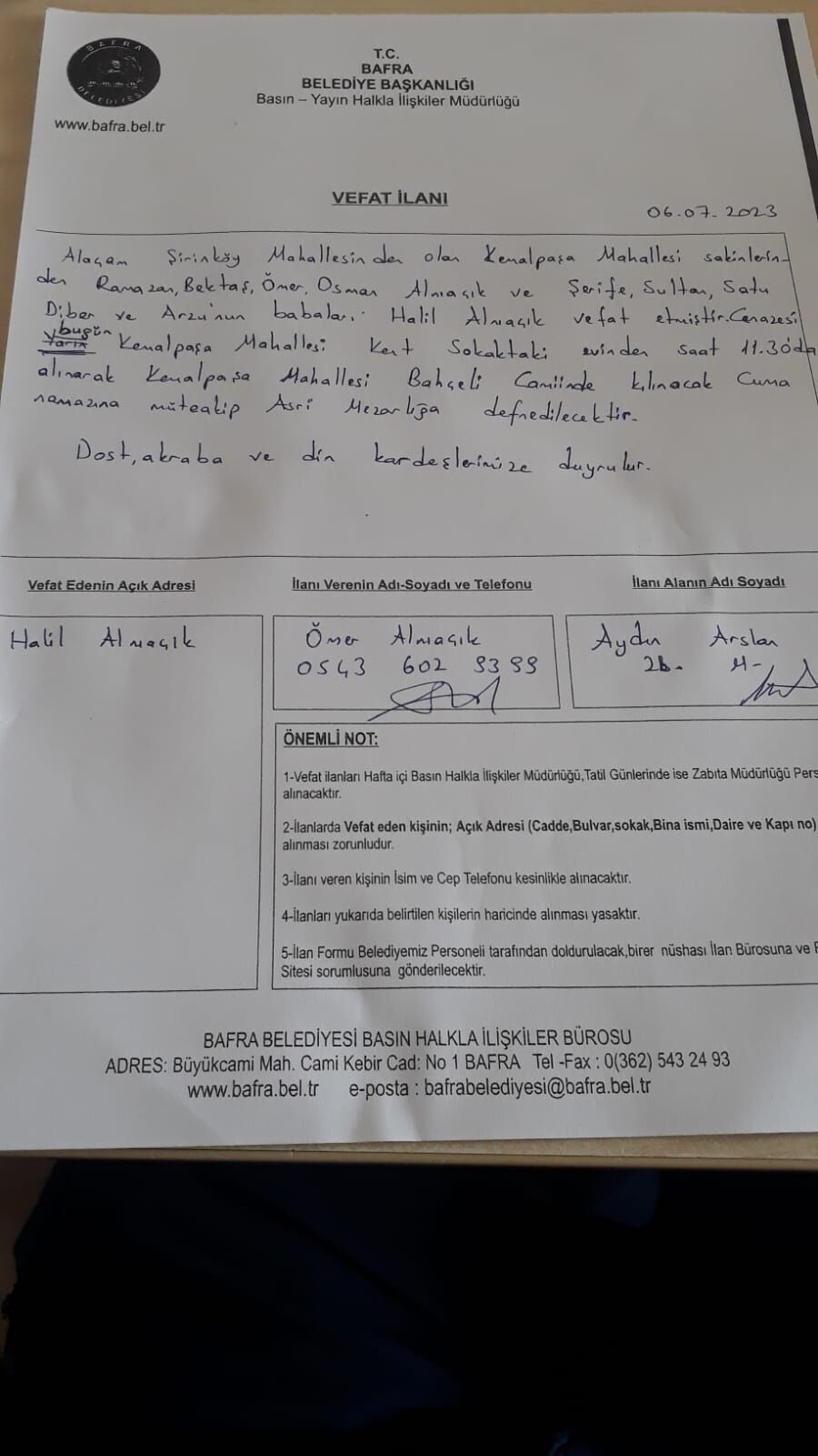 BAFRA'DA VEFAT EDENLER