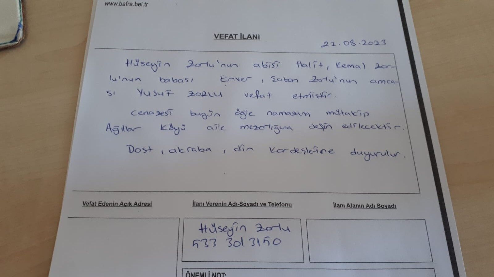  Bafra'da Vefat Edenler