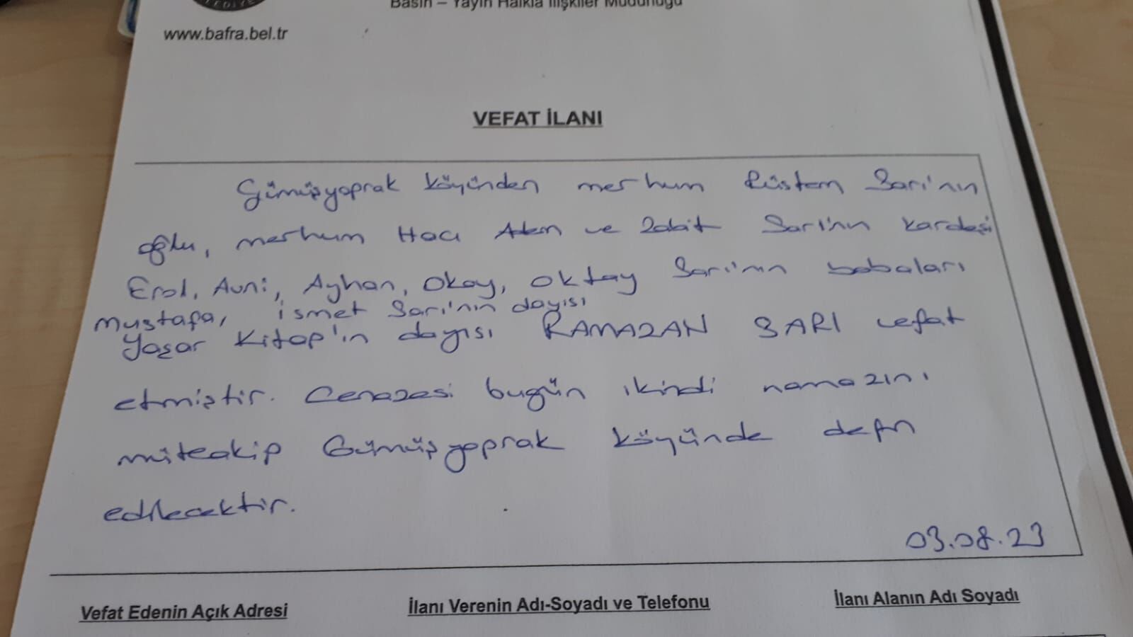 Bafra'da Vefat Edenler