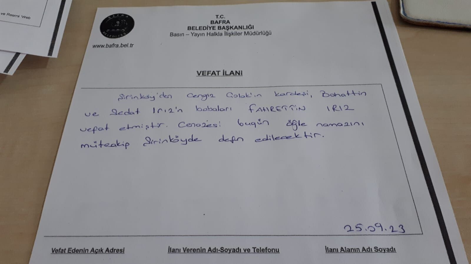 Bafra'da Vefat Edenler