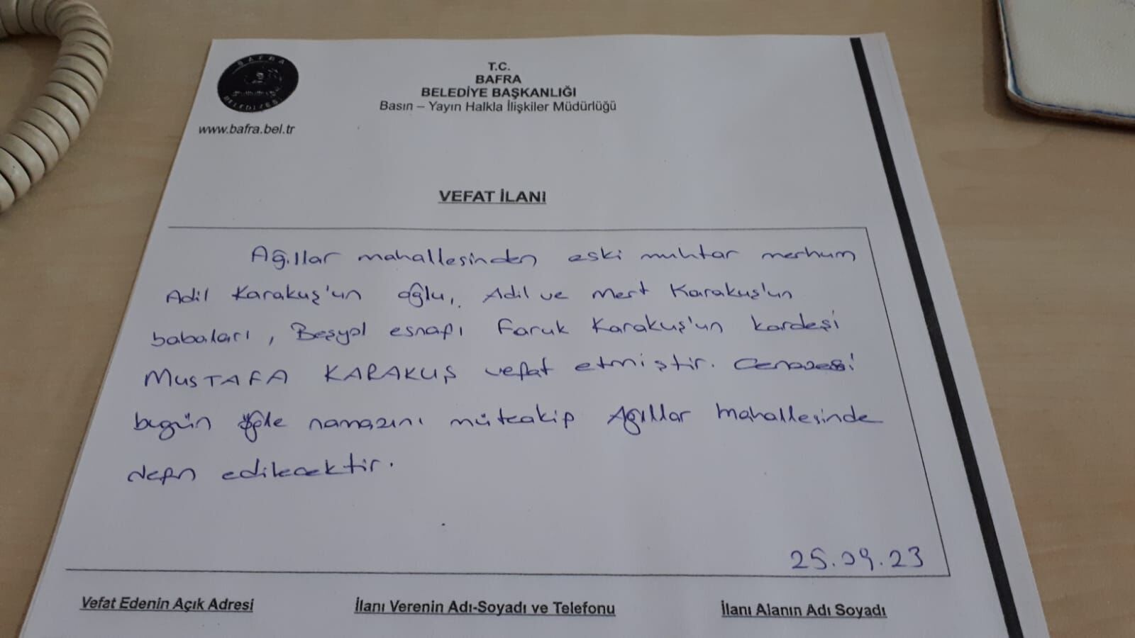 Bafra'da Vefat Edenler