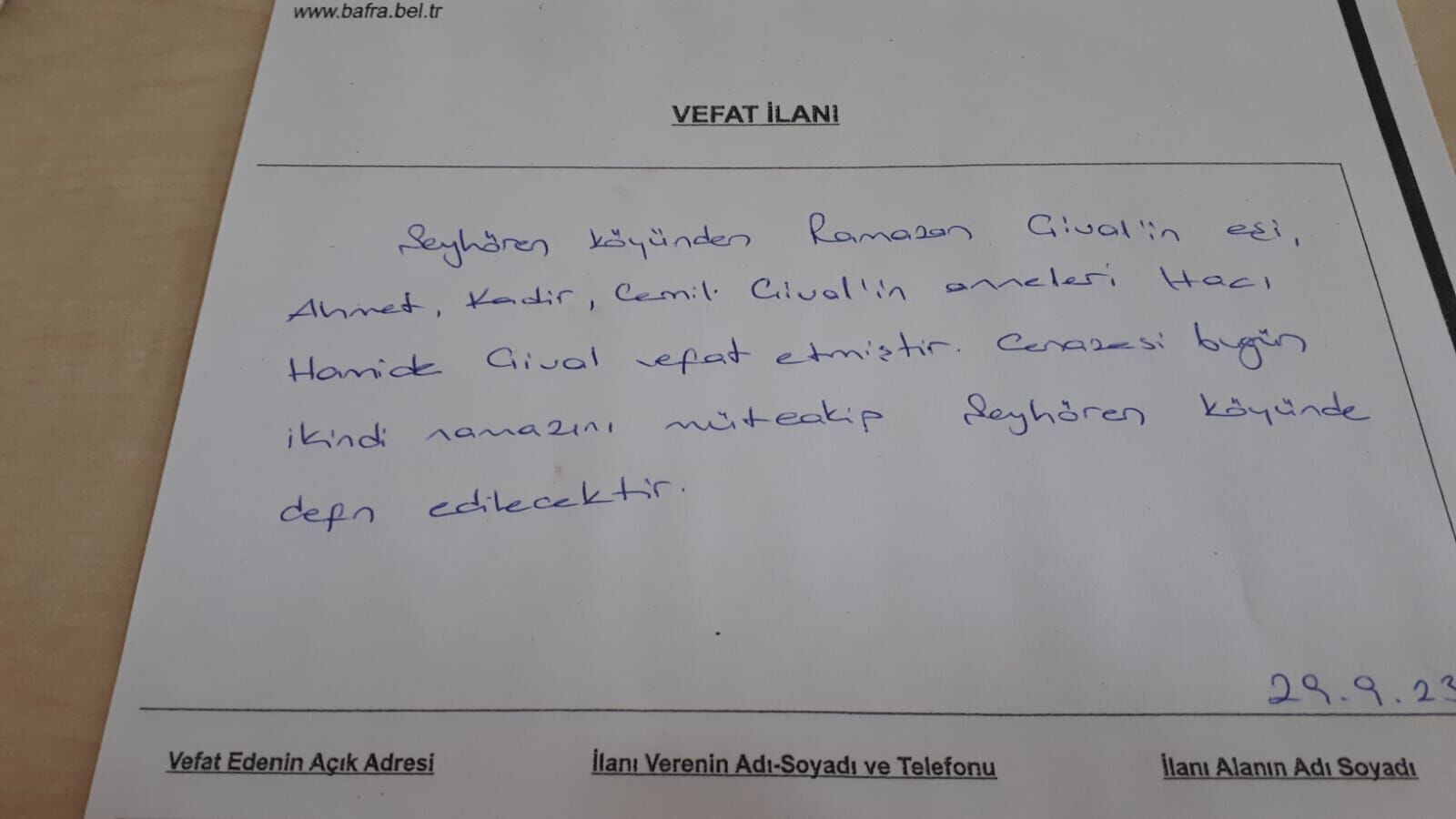 Bafra'da Vefat Edenler