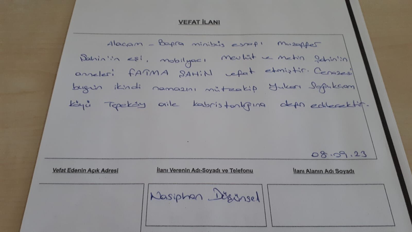 08 Eylül 2023 Cuma Bugün Bafra'da Vefat Edenler
