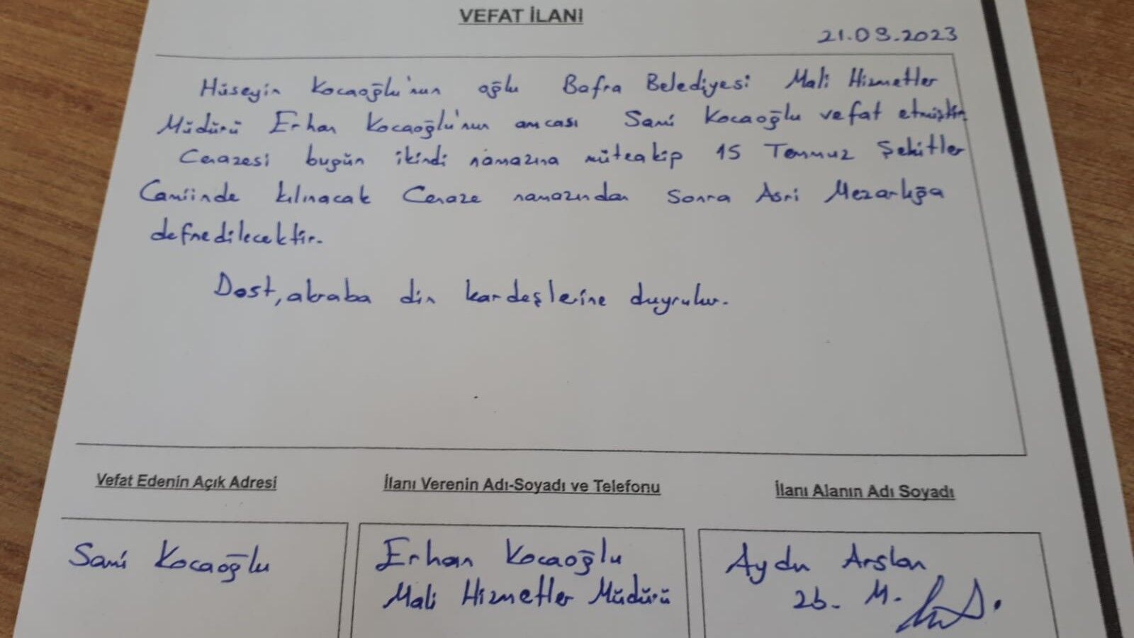 Bafra'da vefat edenler
