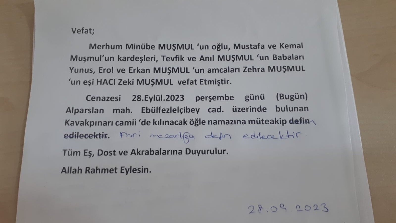  Bafra'da Vefat Edenler