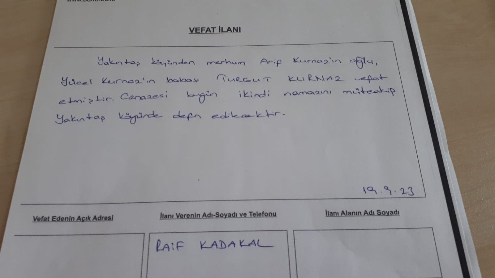  Bafra'da Vefat Edenler
