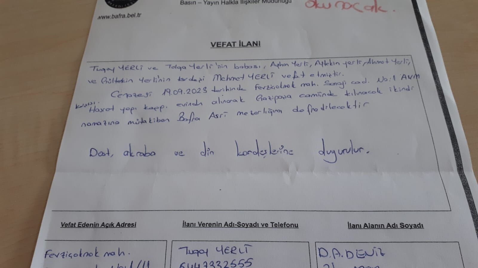  Bafra'da Vefat Edenler