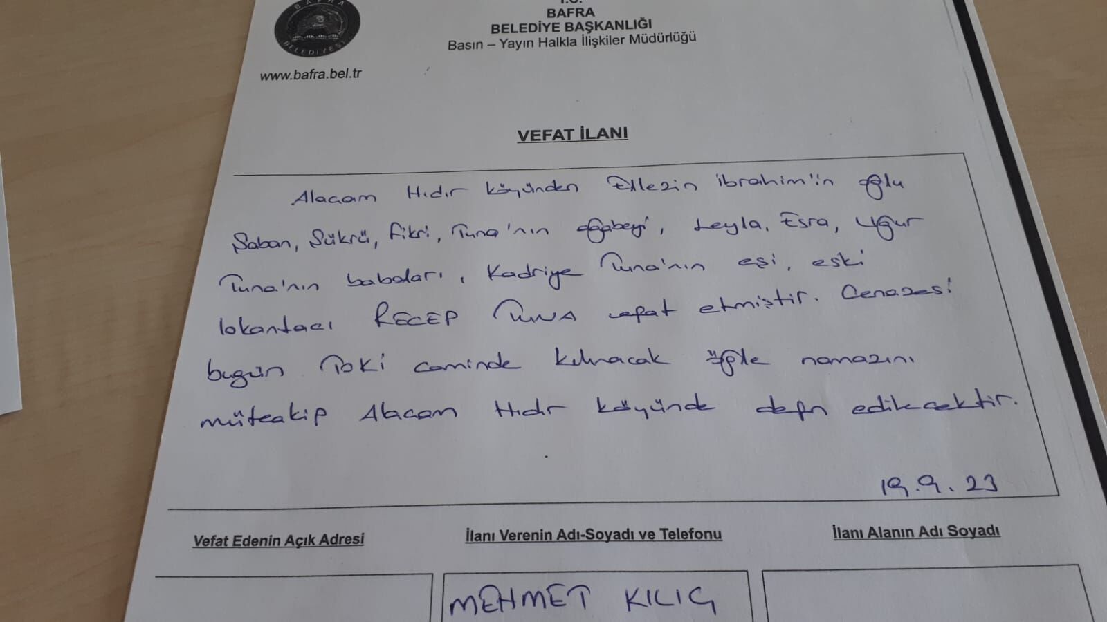  Bafra'da Vefat Edenler