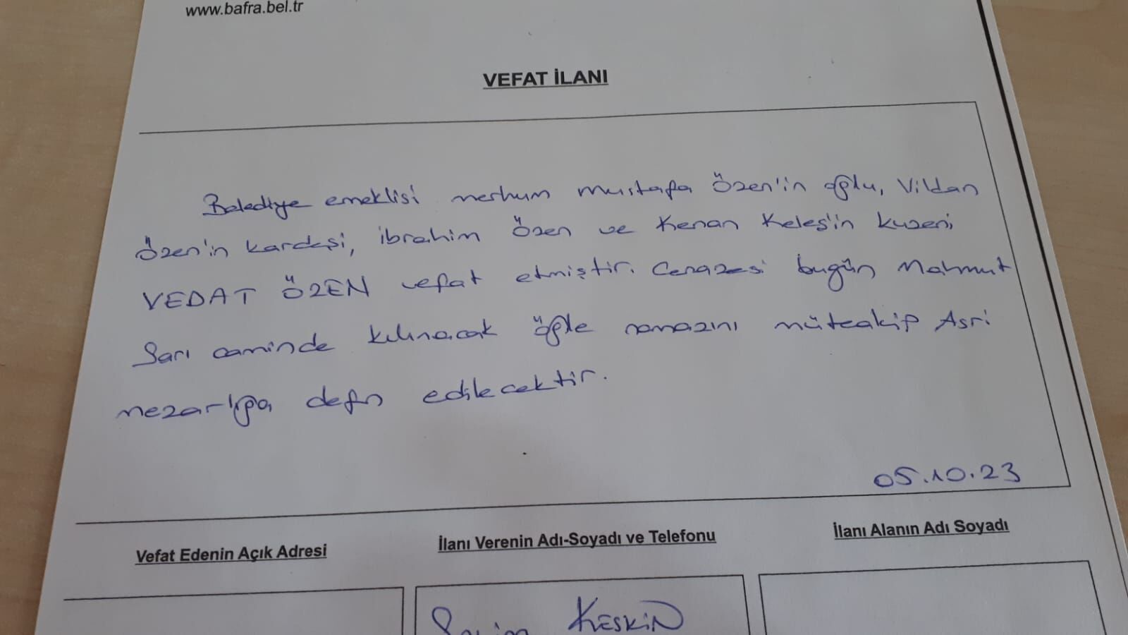 Bafra'da Vefat Edenler