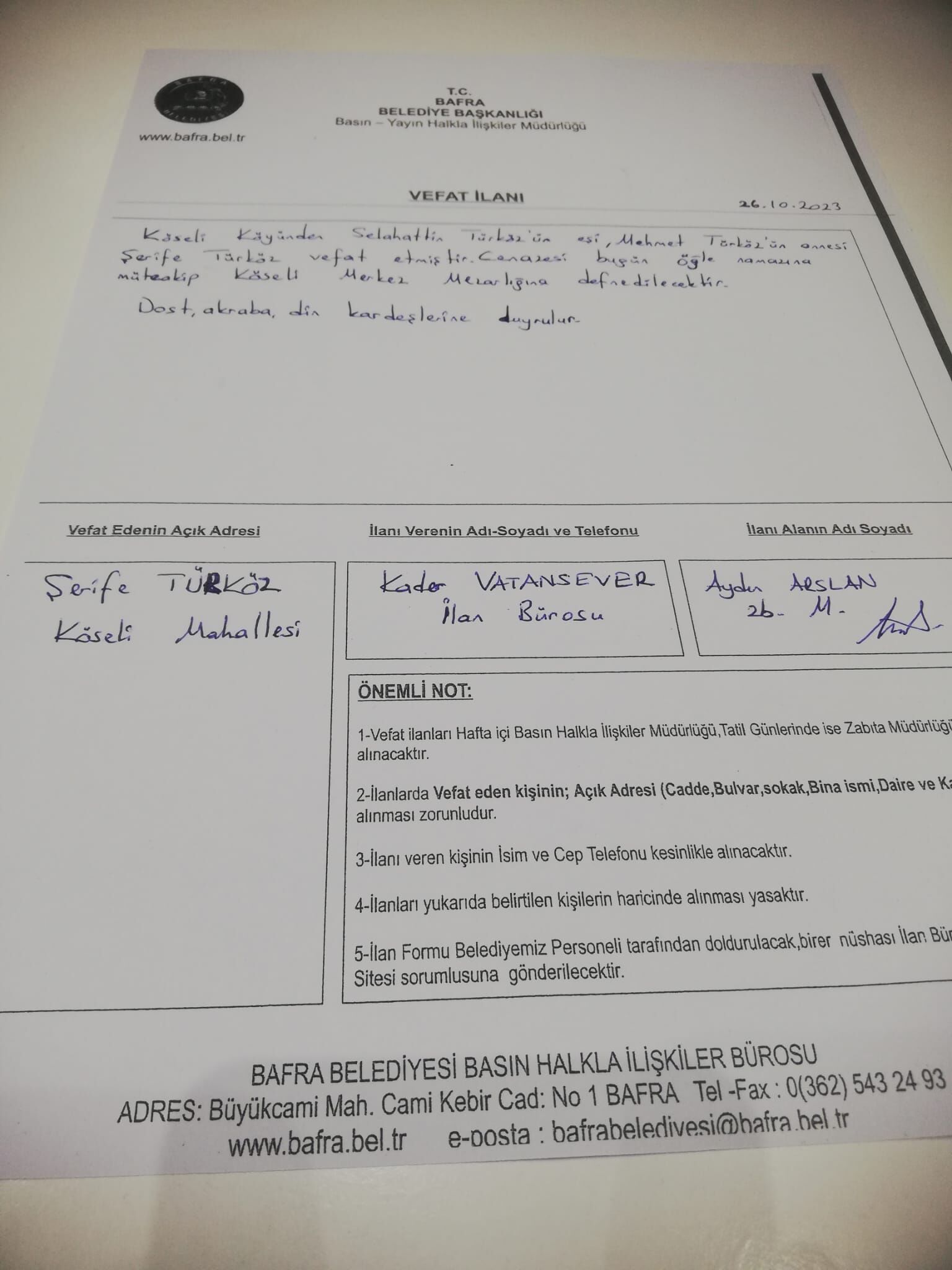 Bafra'da Vefat Edenler