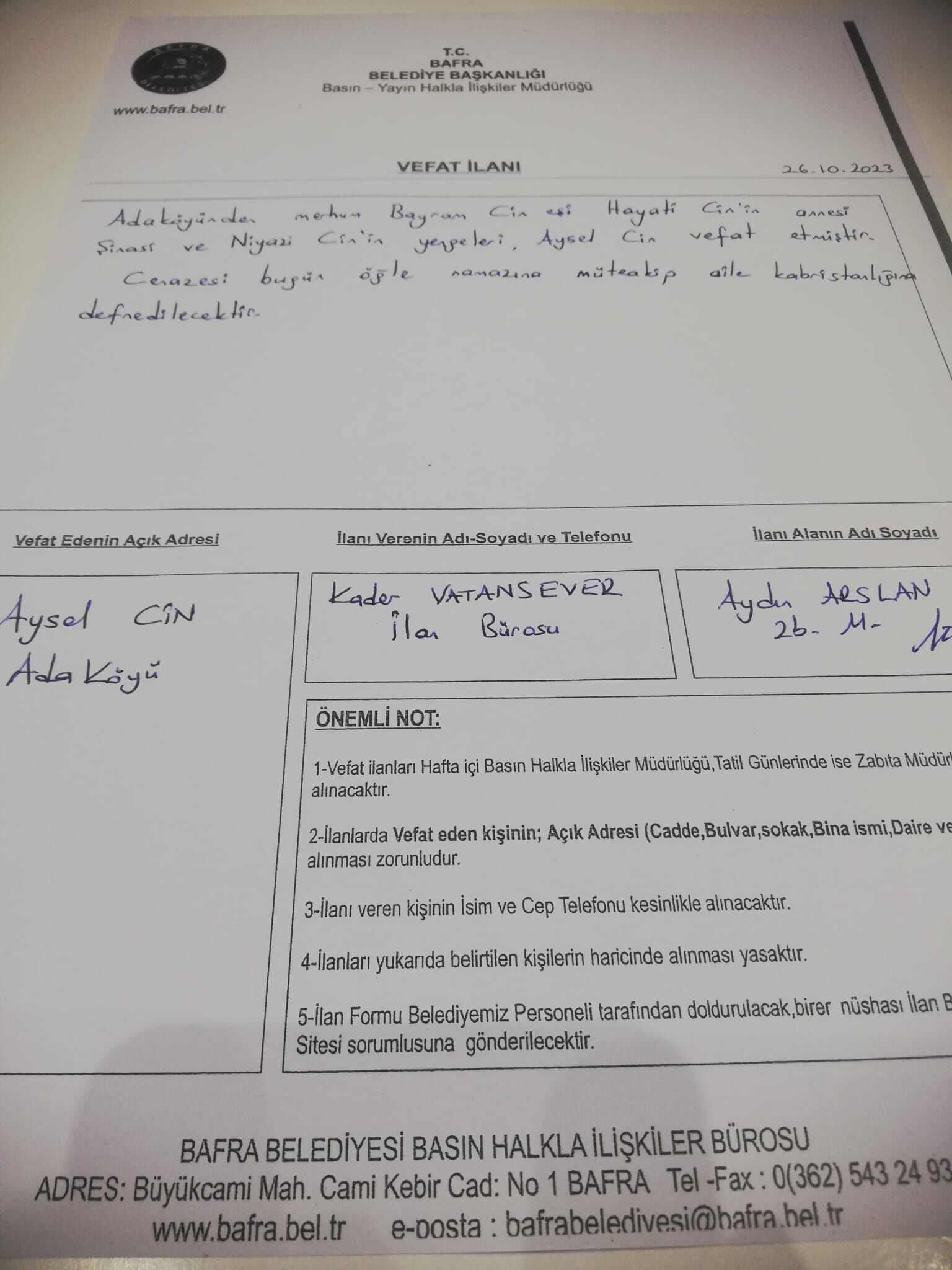  Bafra'da Vefat Edenler