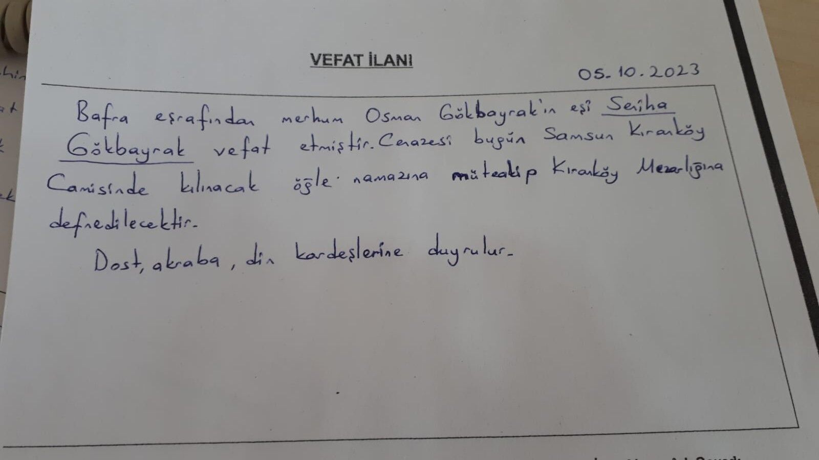 Bafra'da vefat edenler
