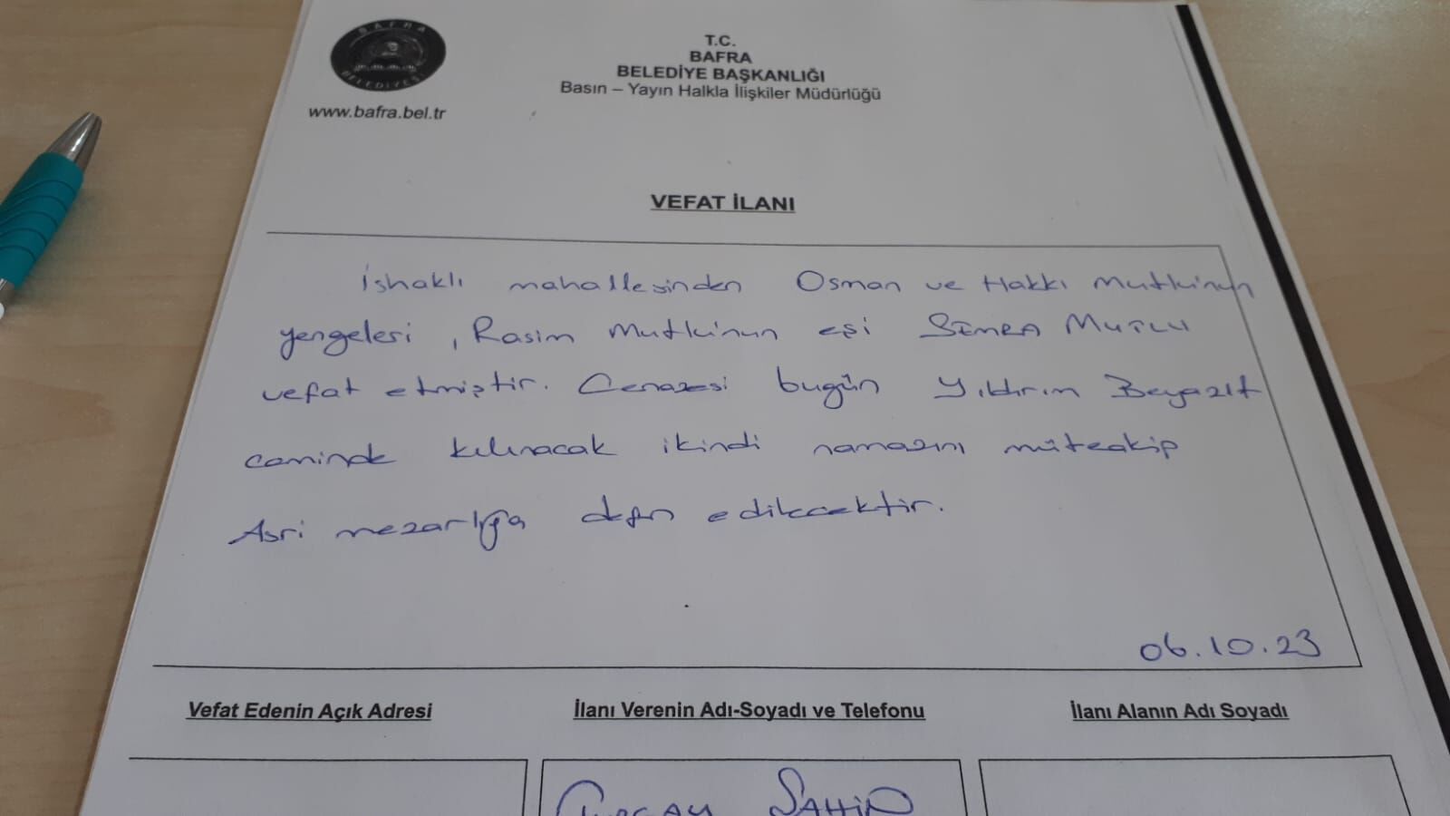  Bafra'da vefat edenler