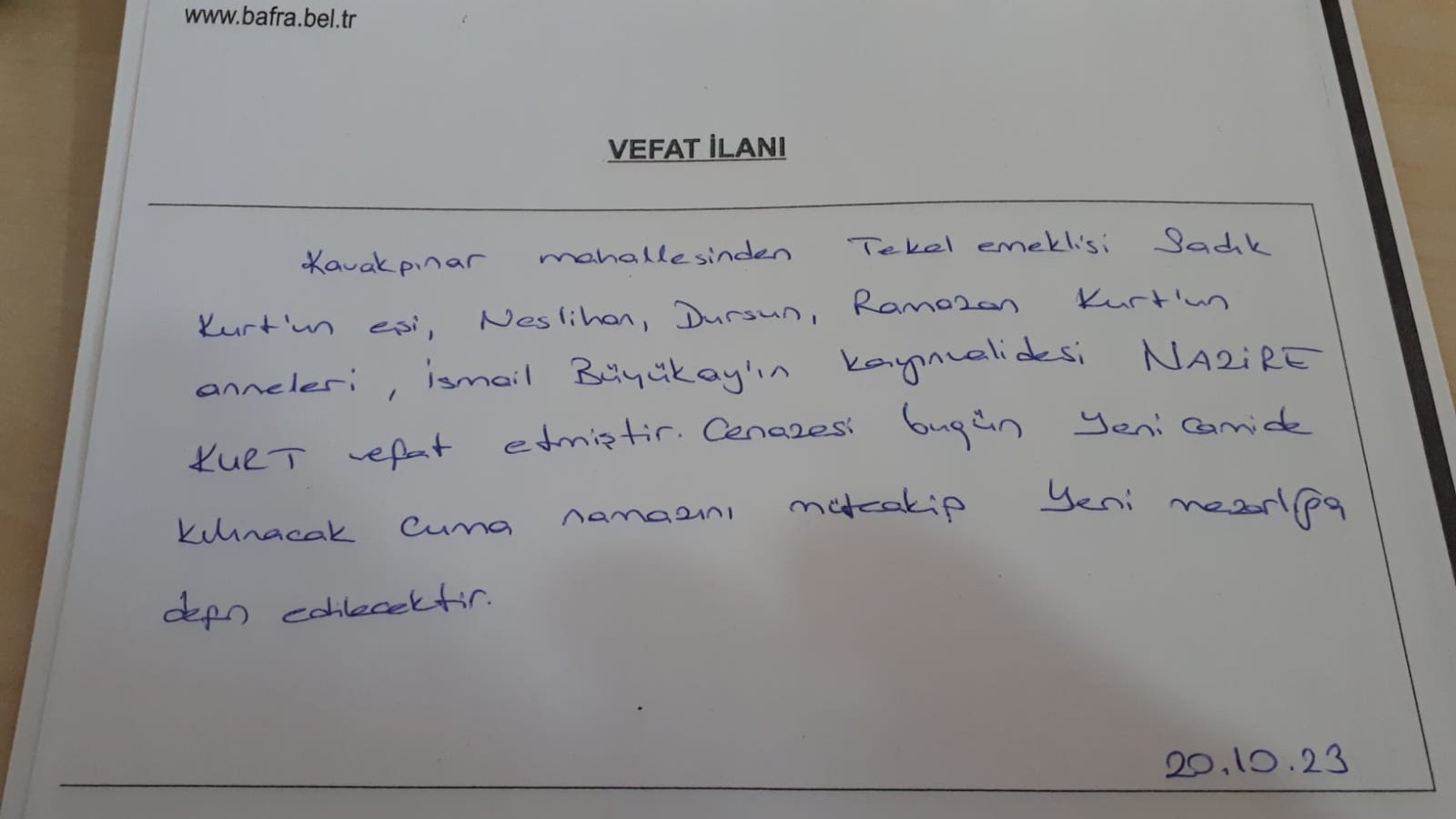  Bafra'da Vefat Edenler