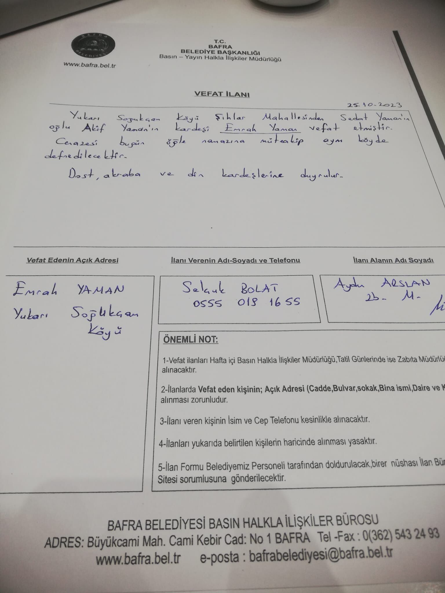 Bafra'da Vefat Edenler