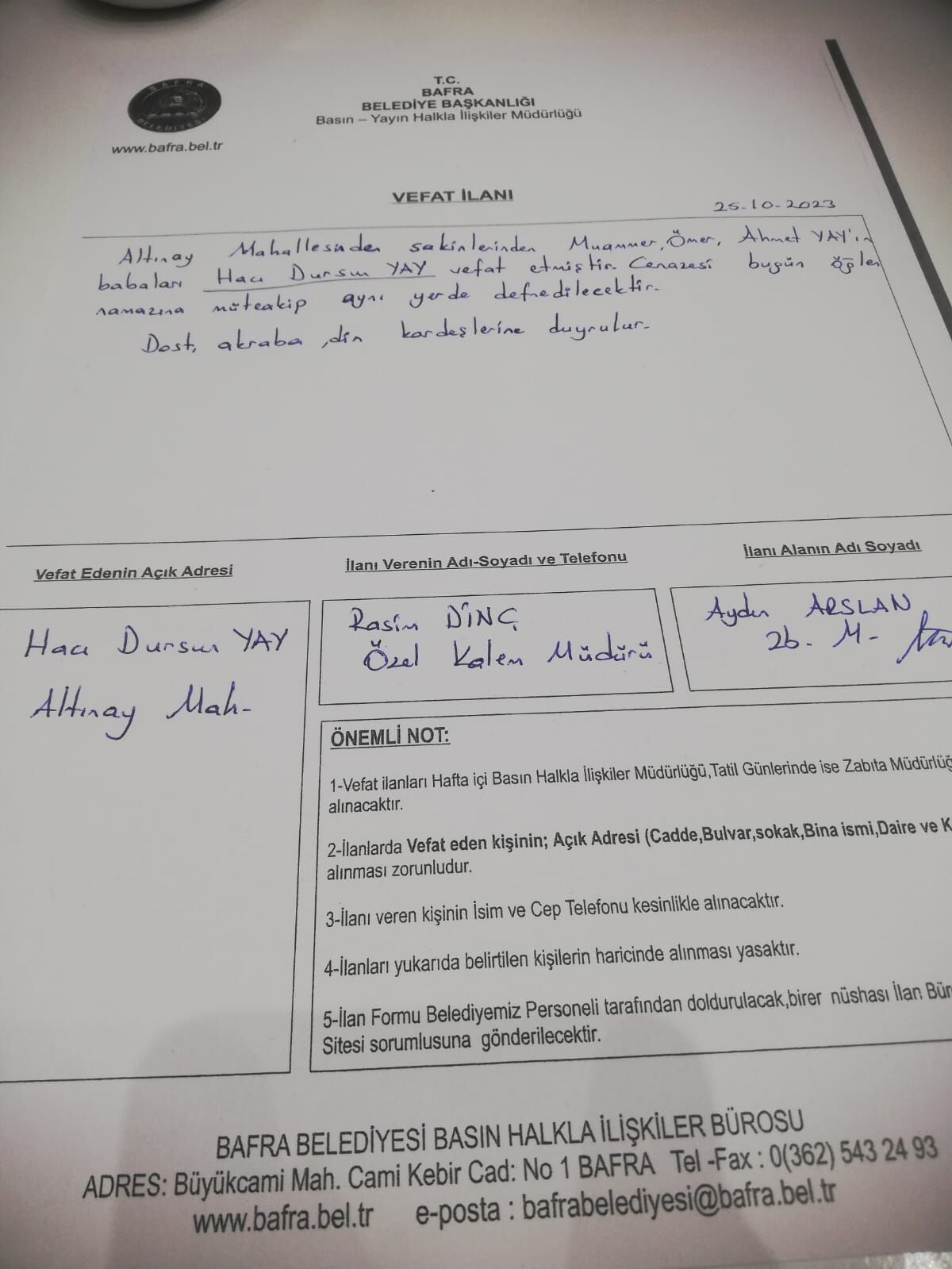  Bafra'da Vefat Edenler