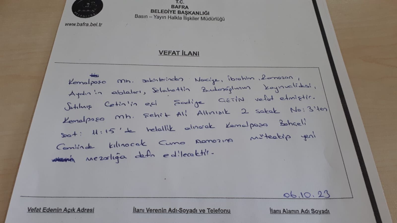  Bafra'da vefat edenler