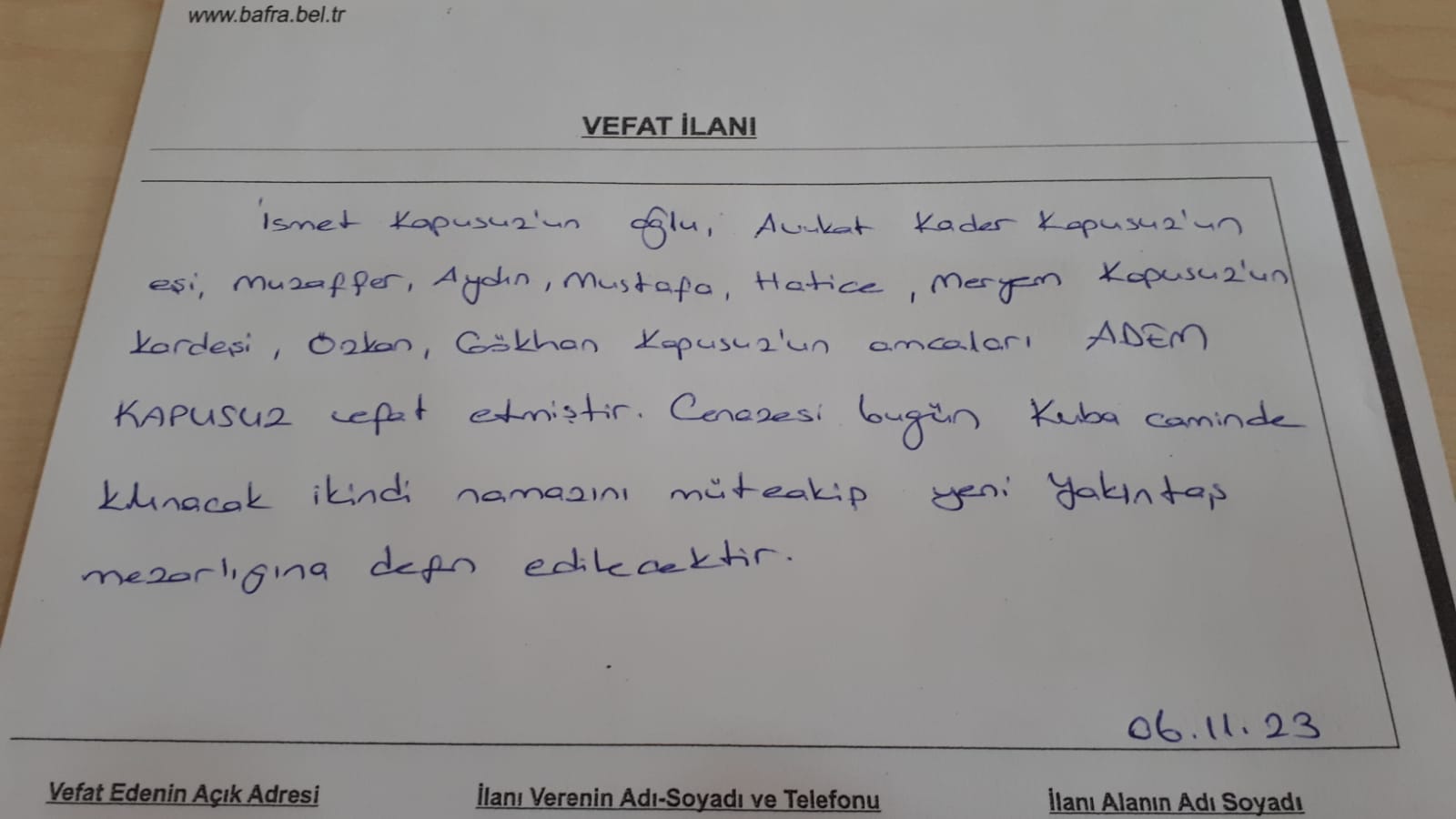 Bafra'da vefat Edenler