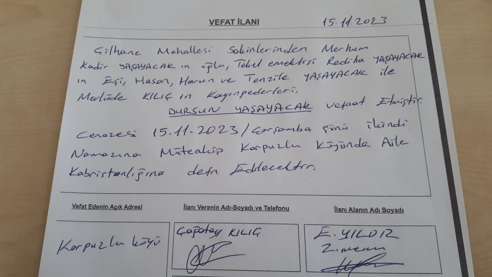 15 Kasım 2023 Bugün Bafra'da Vefat Edenler