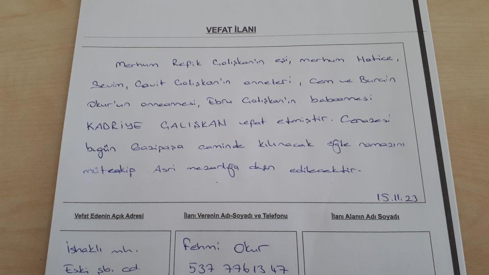 15 Kasım 2023 Bugün Bafra'da Vefat Edenler