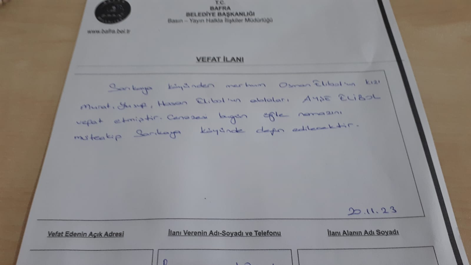 20 Kasım 2023 Bugün Bafra'da Vefat Edenler
