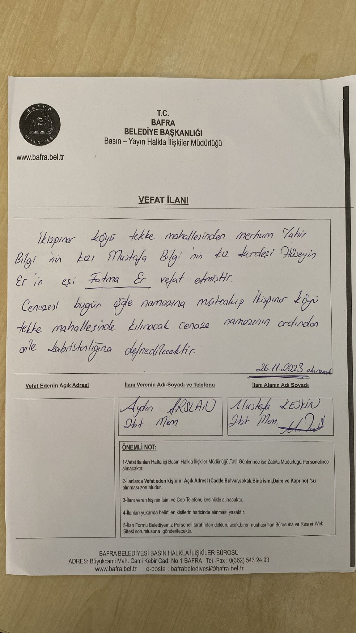 26 Kasım 2023 Bugün Bafra'da Vefat Edenler