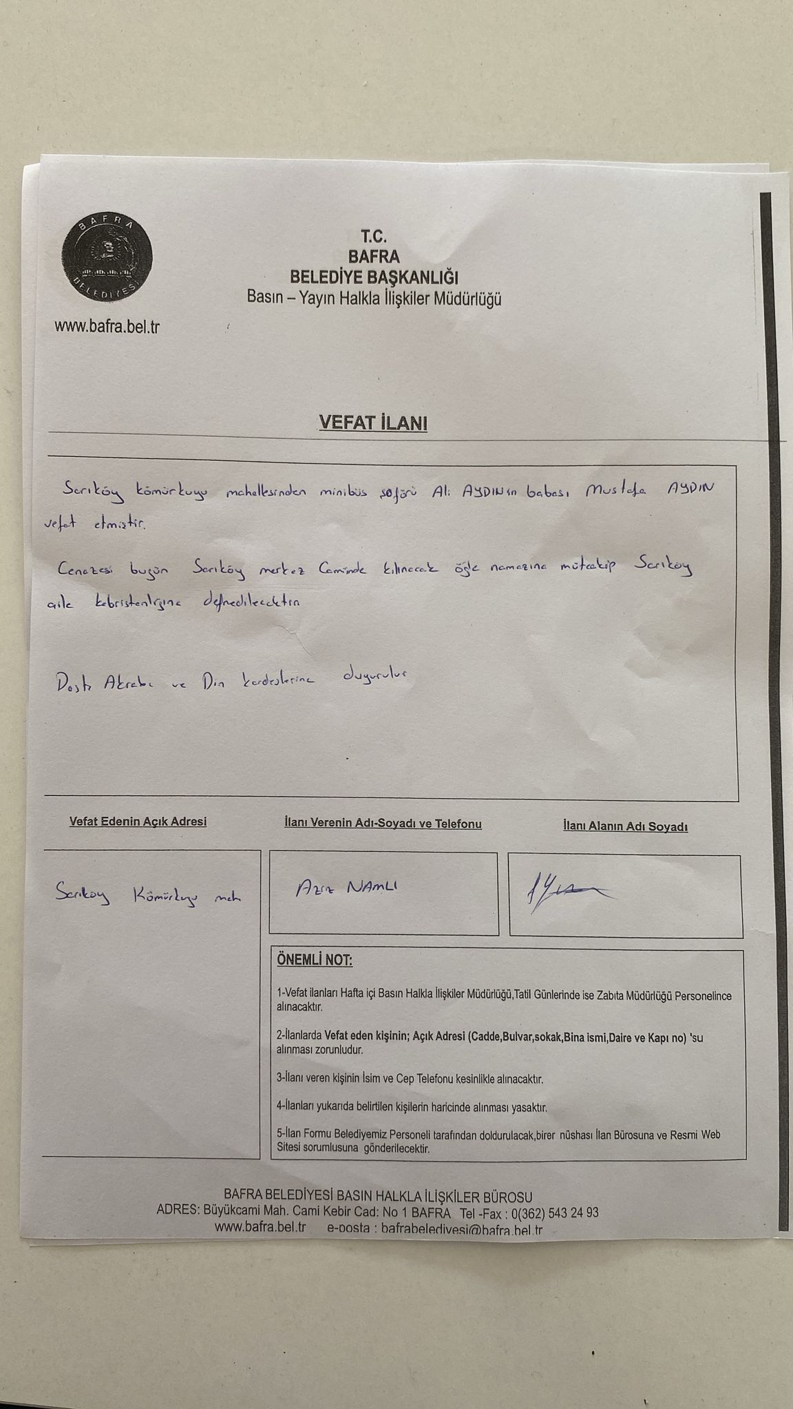 Bafra'da Vefat Edenler